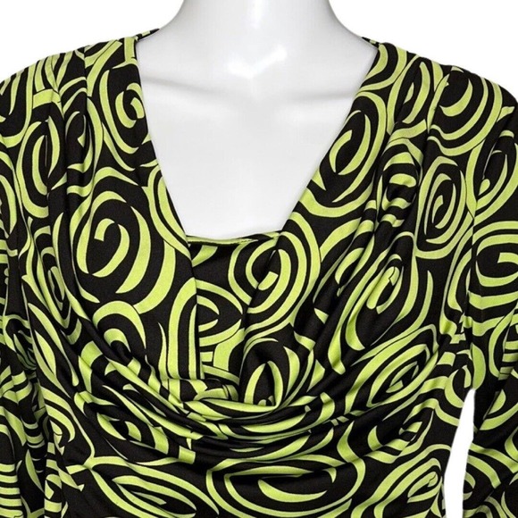 Prima Bella Shirt Women Medium Black Green Swirls Casual Office Slinky‎ Artsy - Picture 5 of 7